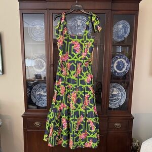 Tie-Shoulder Floral Midi Dress in Navy and Lime